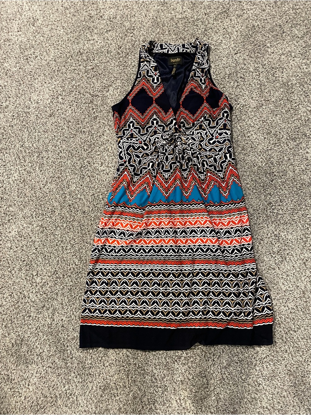 Laundry By Shelli Segal Navy, Red & Turquoise Patterned Sleeveless Midi Dress